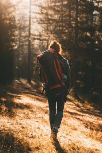 Unrecognizable woman with backpack walking in forest